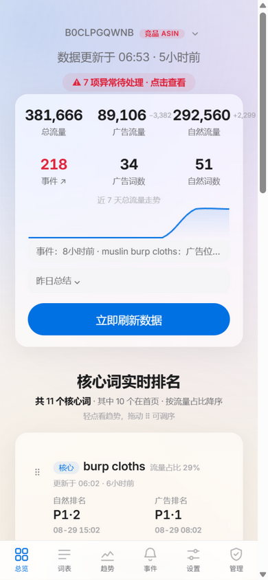 总览：核心词实时排名与流量统计